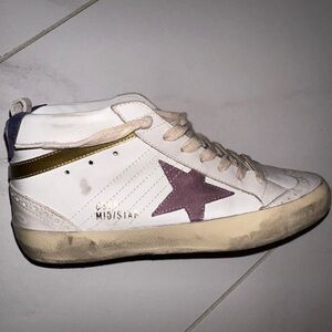 Golden Goose White, Gold and Purple Mid Star Sneakers